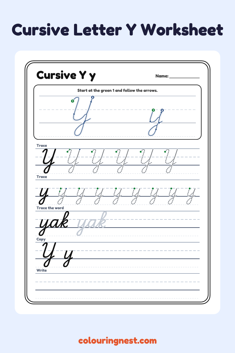 Cursive Letter Y worksheet: free printable black-and-white line art
