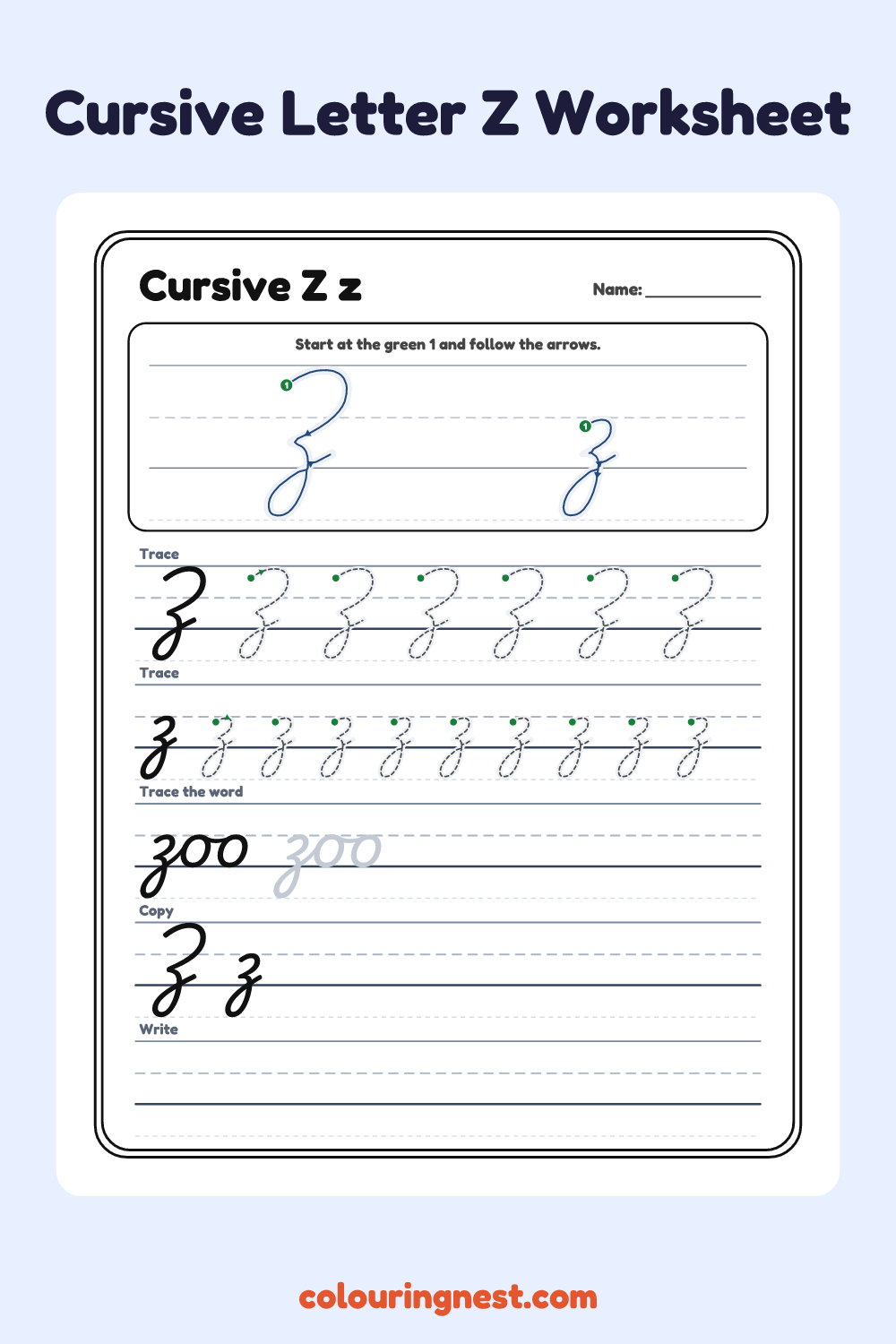 Cursive Letter Z worksheet: free printable black-and-white line art