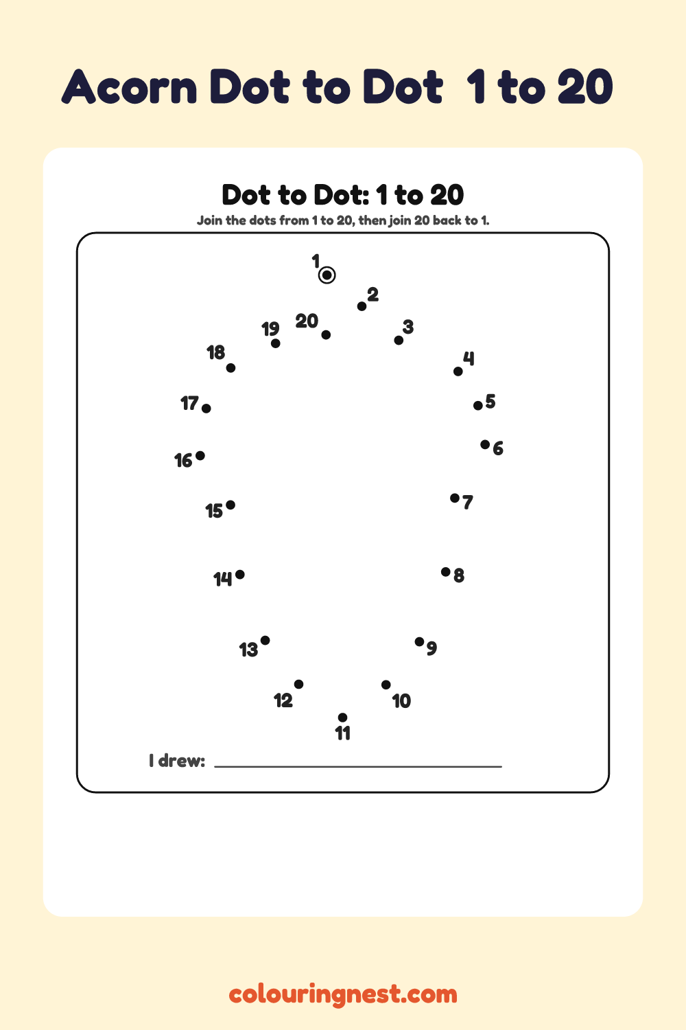 Acorn Dot to Dot (1 to 20): numbered dots that make an acorn when joined