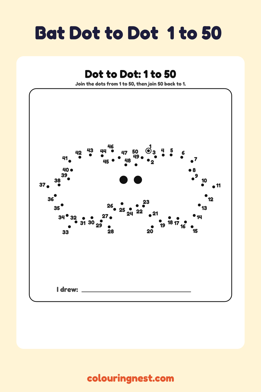 Bat Dot to Dot (1 to 50): numbered dots that make a bat when joined