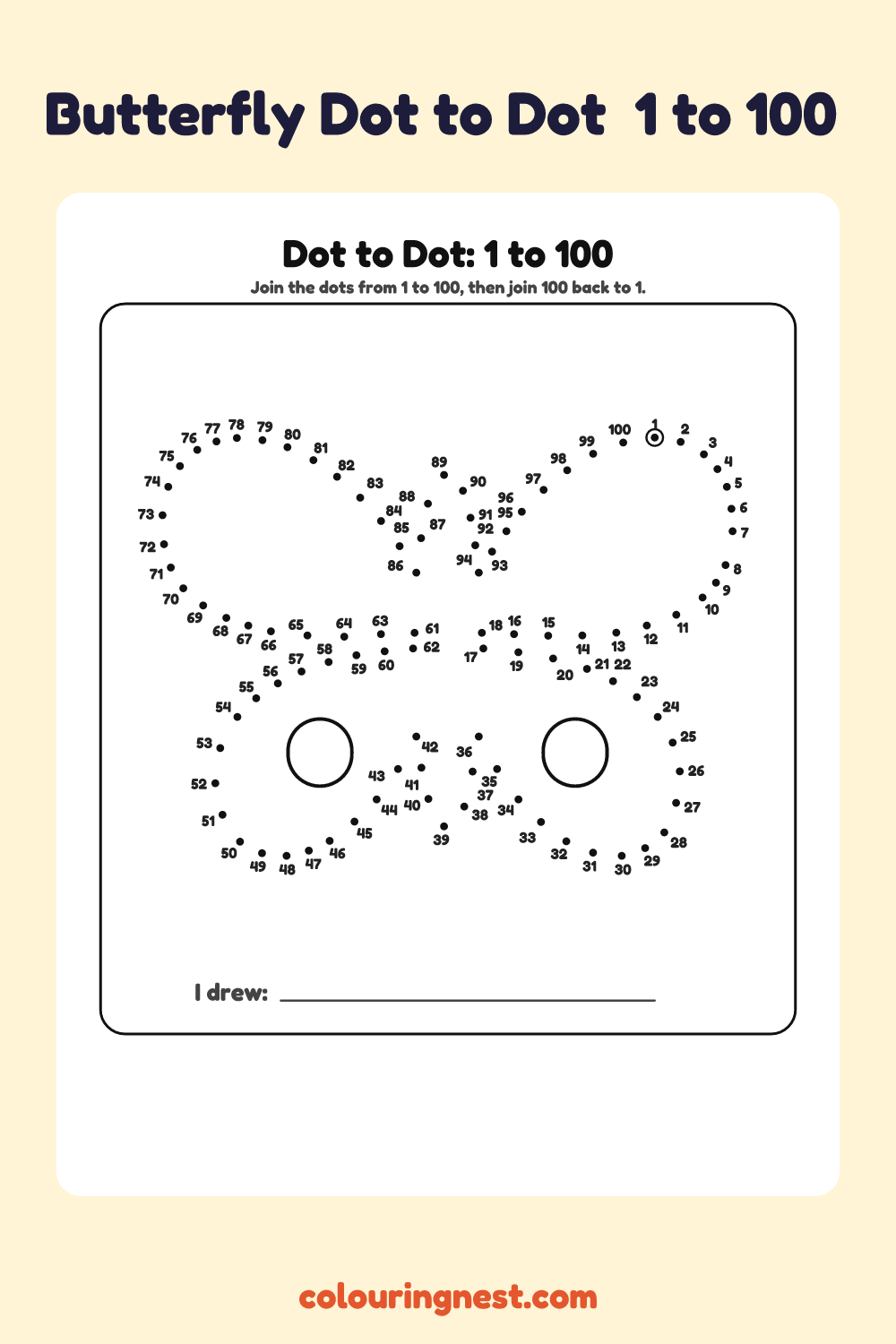 Butterfly Dot to Dot (1 to 100): numbered dots that make a butterfly when joined