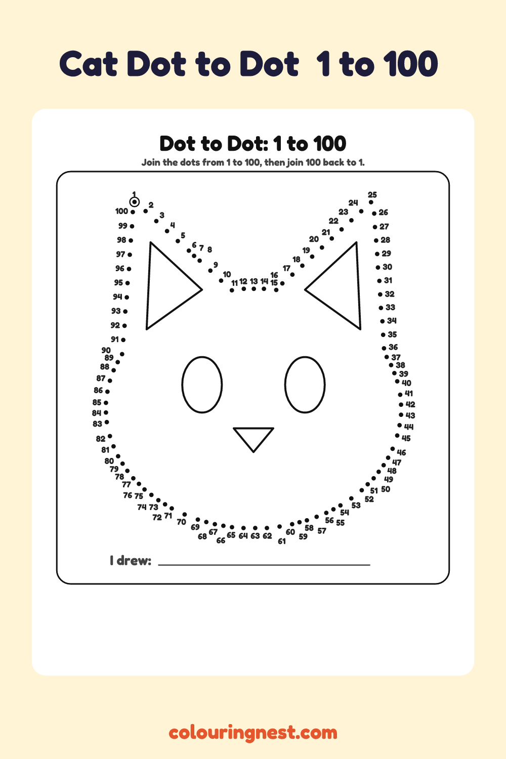 Cat Dot to Dot (1 to 100): numbered dots that make a cat when joined