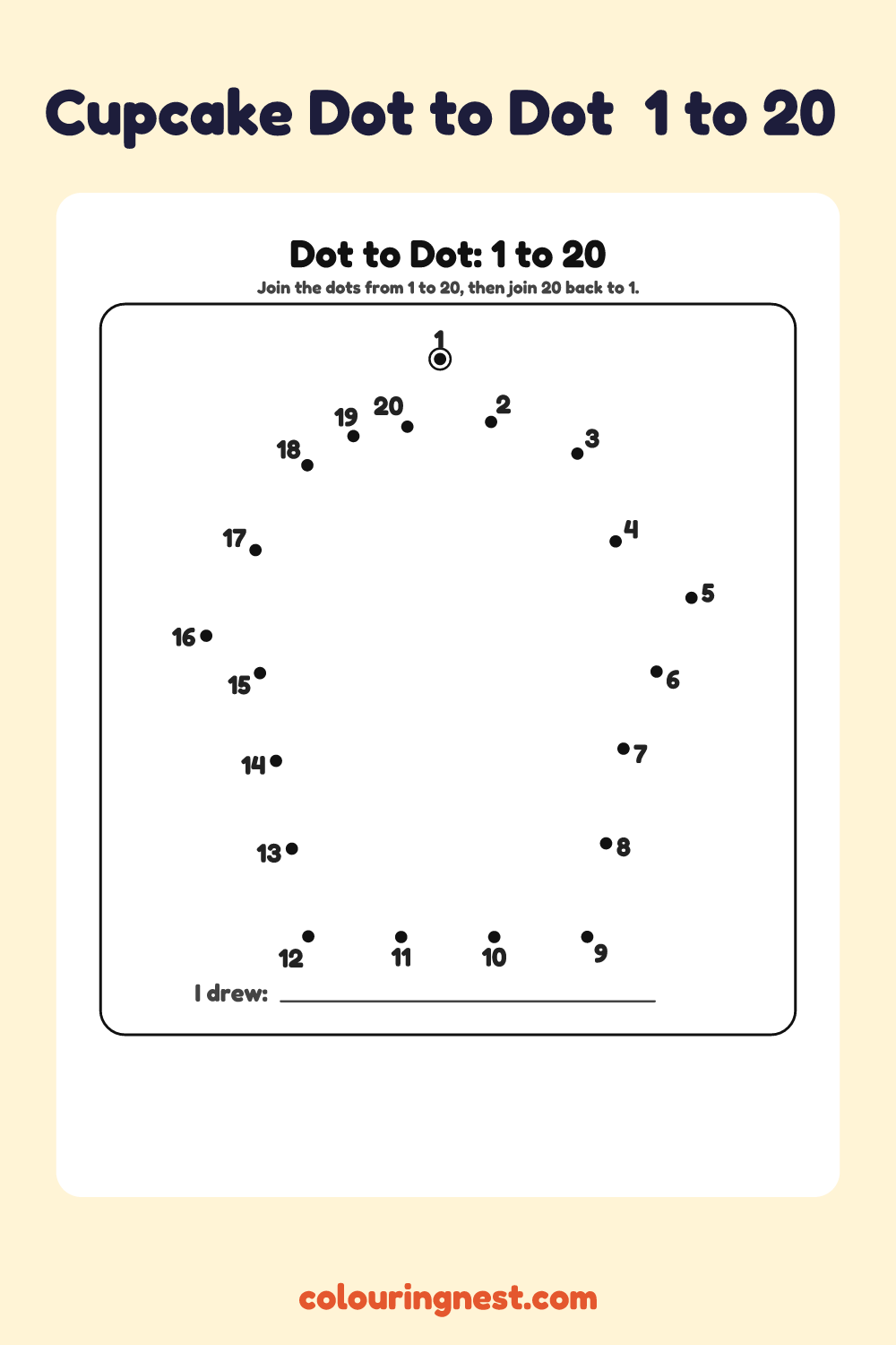 Cupcake Dot to Dot (1 to 20): numbered dots that make a cupcake when joined