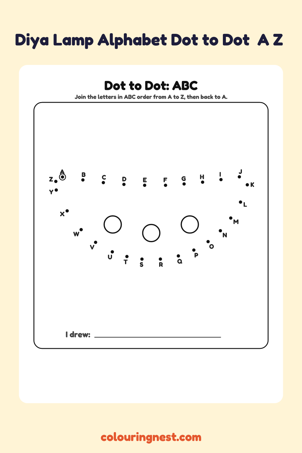 Diya Lamp Alphabet Dot to Dot (A–Z): numbered dots that make a diya lamp when joined