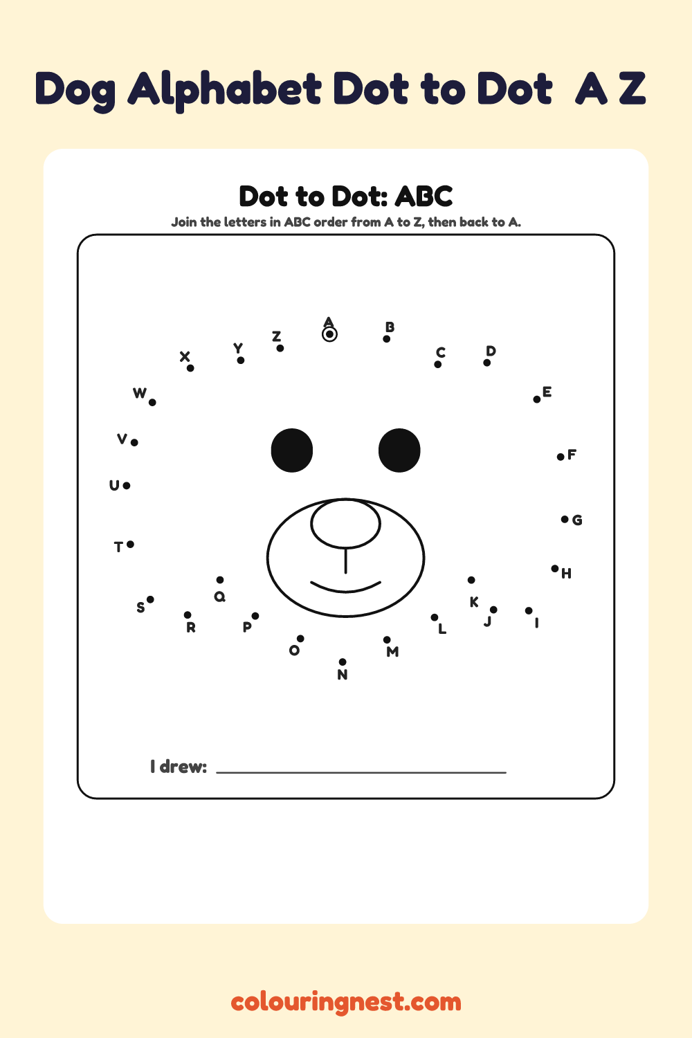 Dog Alphabet Dot to Dot (A–Z): numbered dots that make a dog when joined