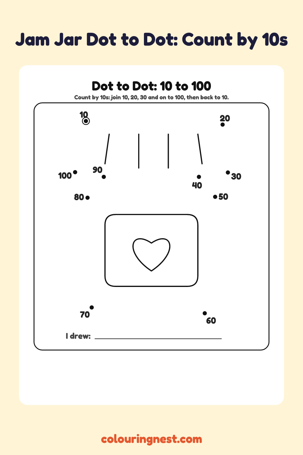 Jam Jar Dot to Dot: Count by 10s: numbered dots that make a jam jar when joined