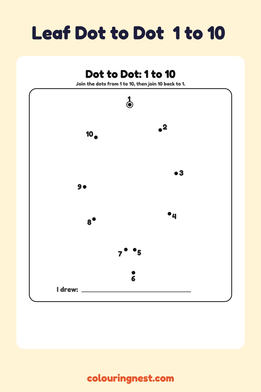 Leaf Dot to Dot (1 to 10): numbered dots that make a leaf when joined