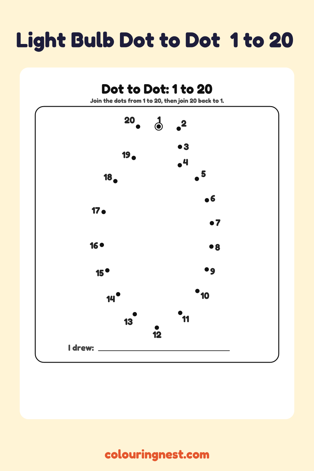 Light Bulb Dot to Dot (1 to 20): numbered dots that make a light bulb when joined
