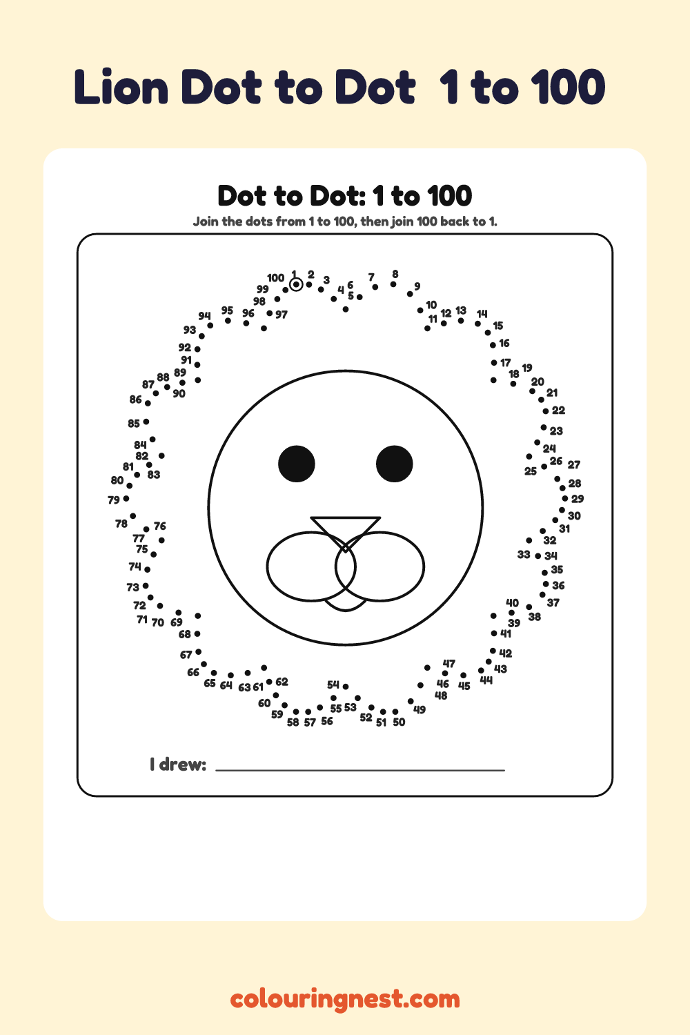 Lion Dot to Dot (1 to 100): numbered dots that make a lion when joined