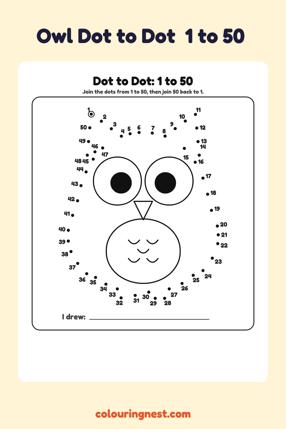 Owl Dot to Dot (1 to 50): numbered dots that make an owl when joined
