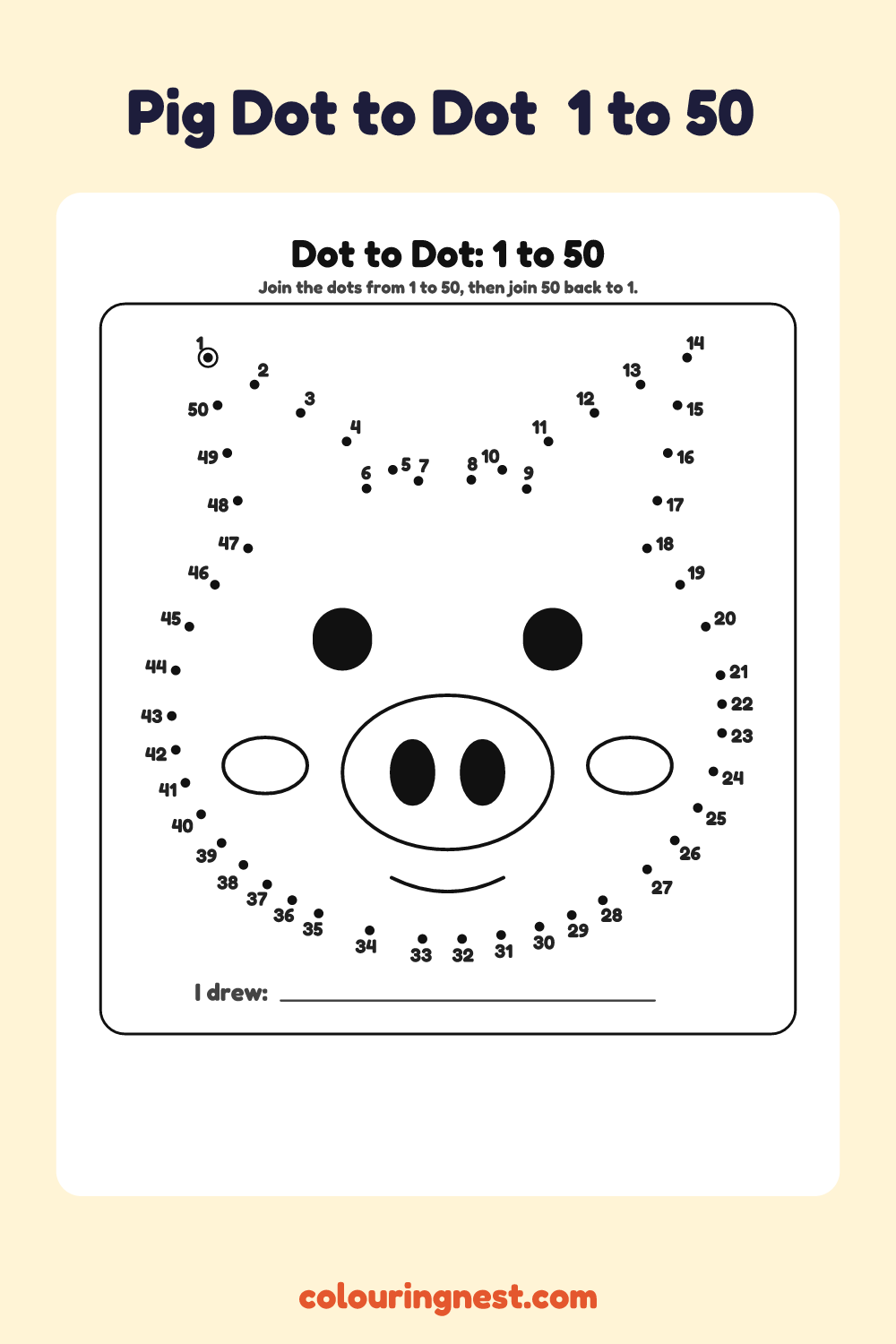 Pig Dot to Dot (1 to 50): numbered dots that make a pig when joined