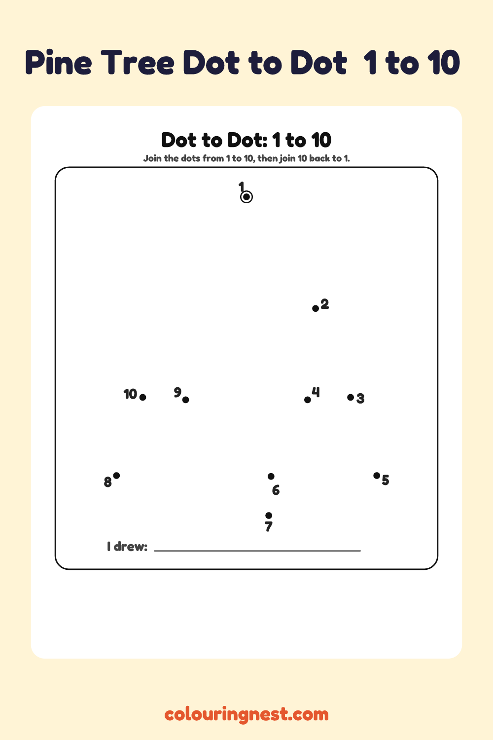 Pine Tree Dot to Dot (1 to 10): numbered dots that make a pine tree when joined