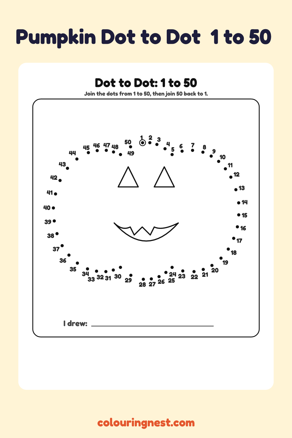 Pumpkin Dot to Dot (1 to 50): numbered dots that make a pumpkin when joined