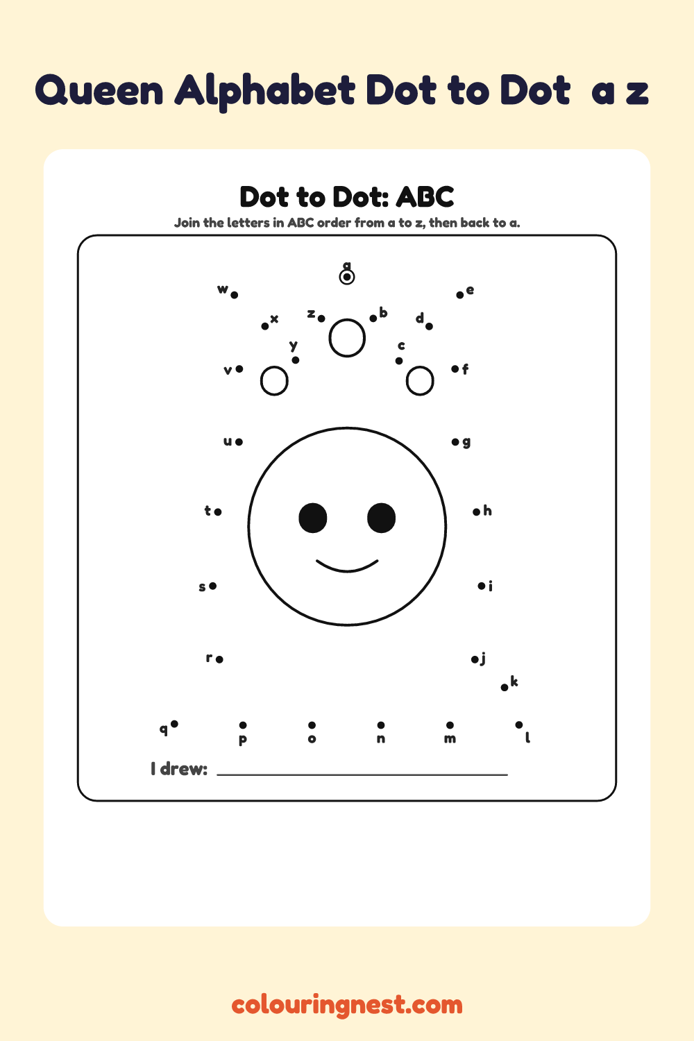Queen Alphabet Dot to Dot (a–z): numbered dots that make a queen when joined