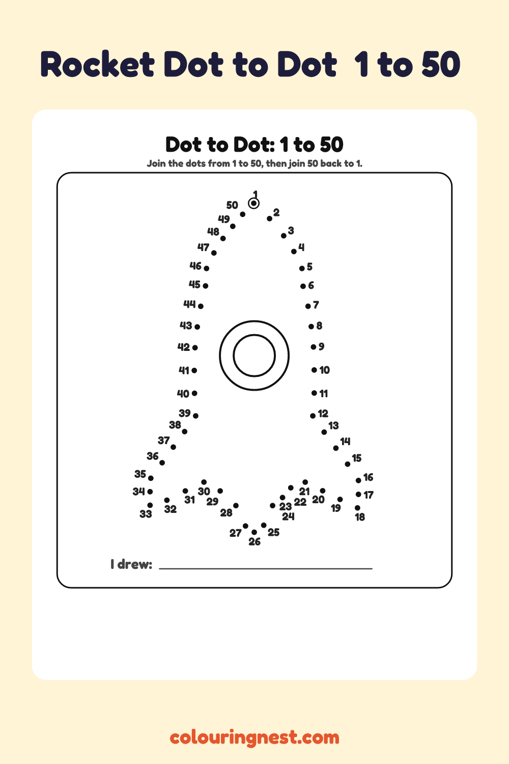 Rocket Dot to Dot (1 to 50): numbered dots that make a rocket when joined