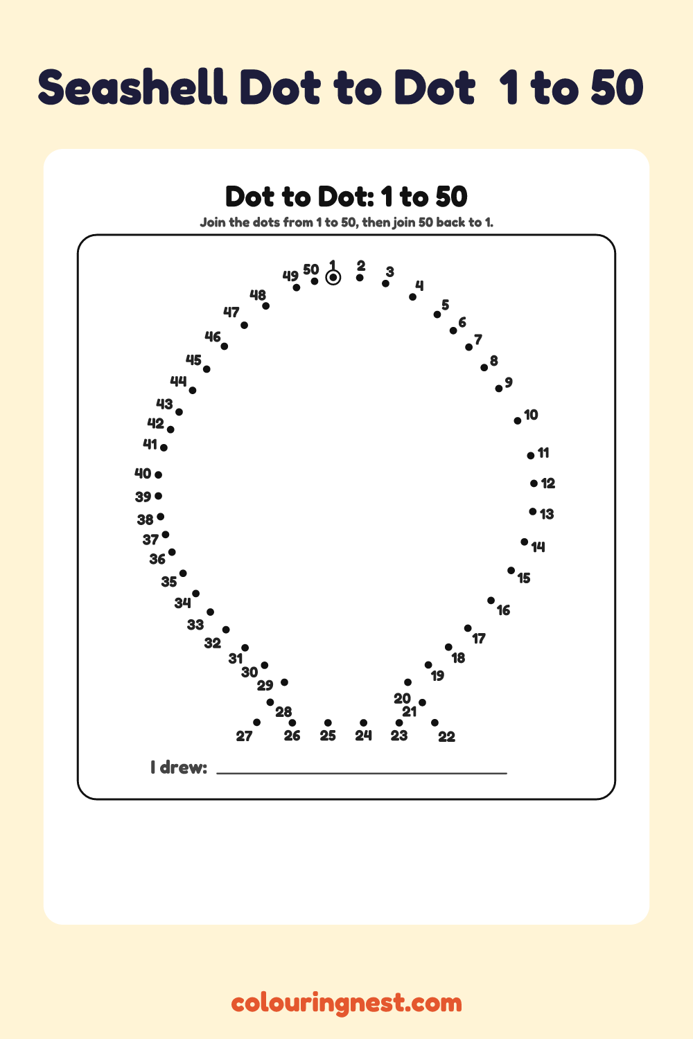 Seashell Dot to Dot (1 to 50): numbered dots that make a seashell when joined