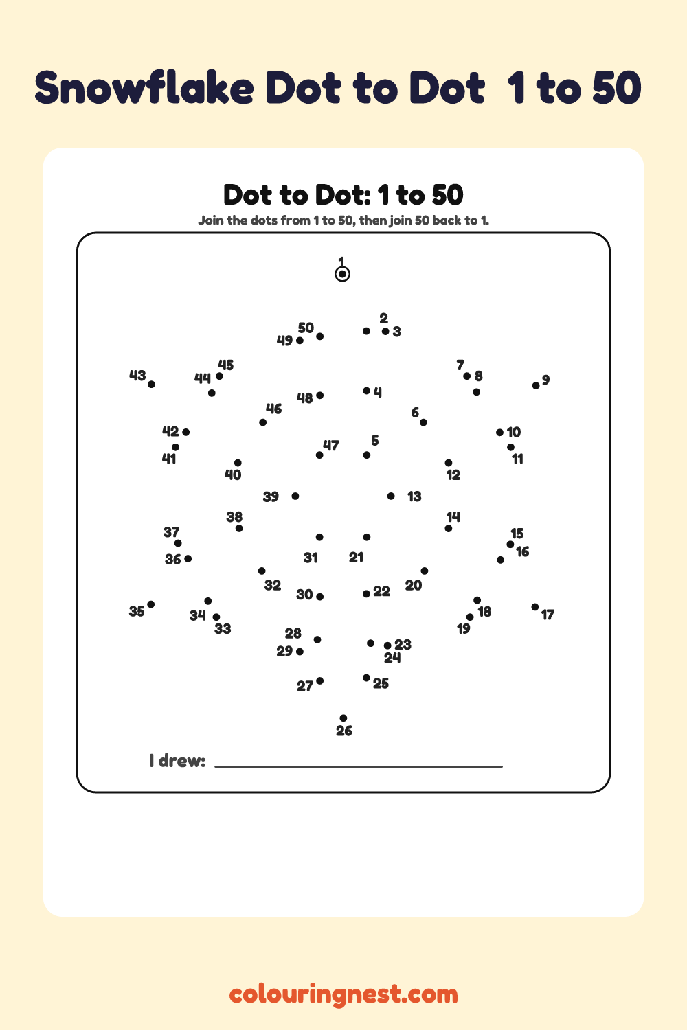 Snowflake Dot to Dot (1 to 50): numbered dots that make a snowflake when joined