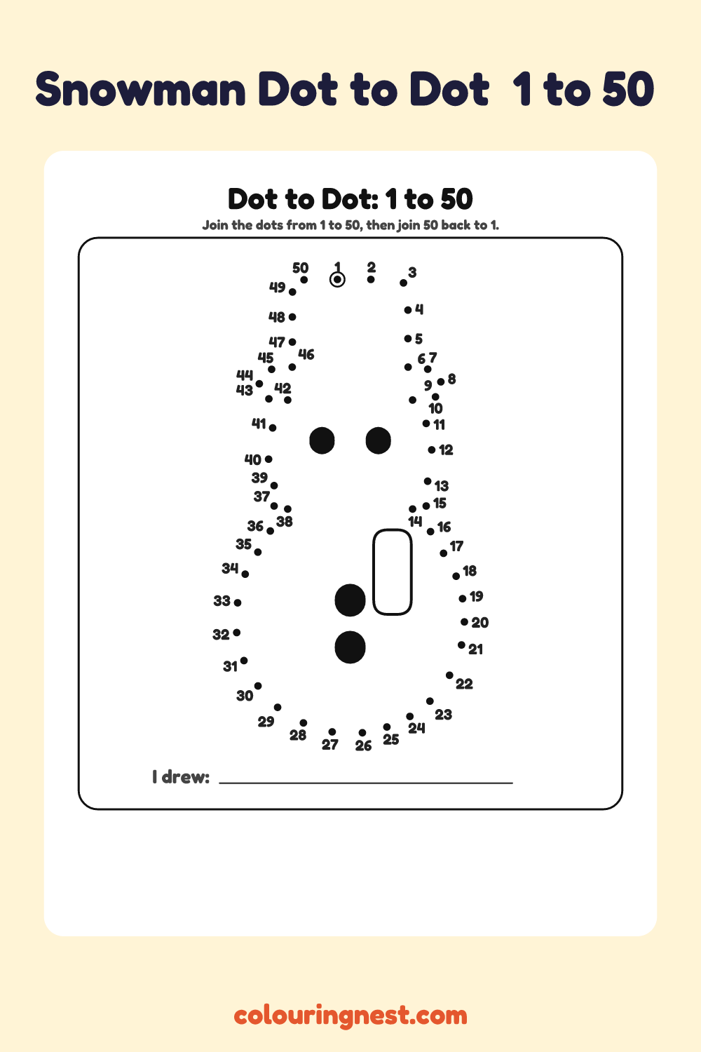 Snowman Dot to Dot (1 to 50): numbered dots that make a snowman when joined