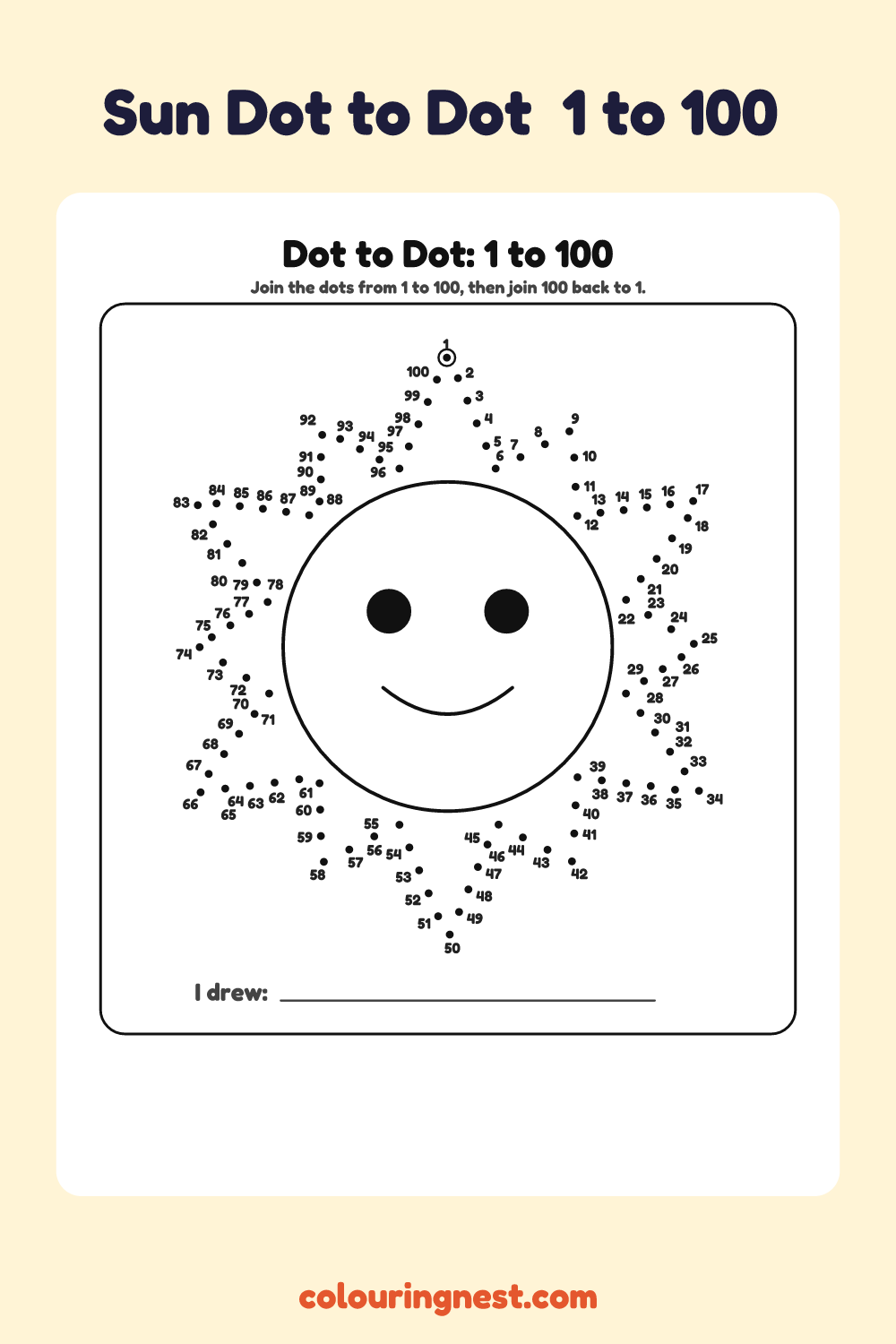 Sun Dot to Dot (1 to 100): numbered dots that make a sun when joined