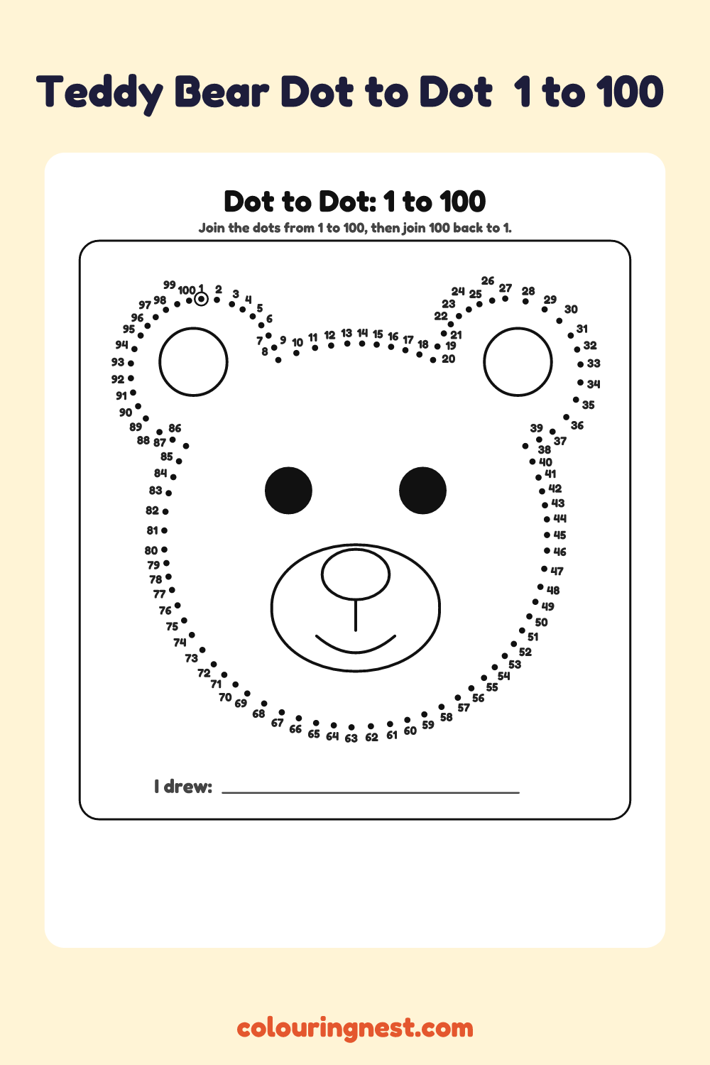 Teddy Bear Dot to Dot (1 to 100): numbered dots that make a teddy bear when joined