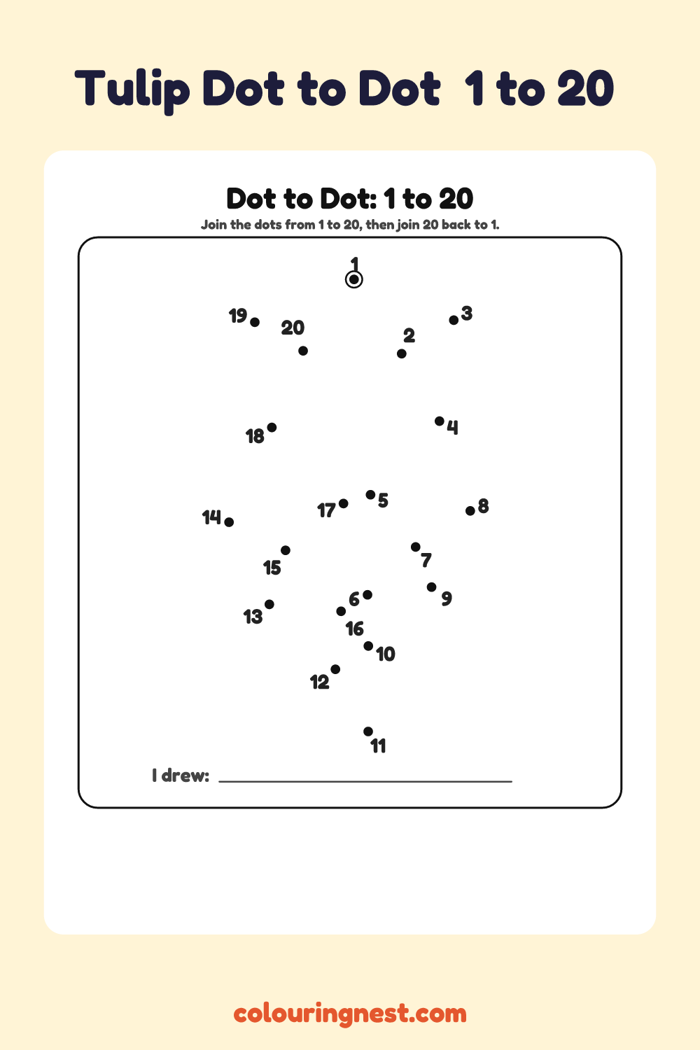 Tulip Dot to Dot (1 to 20): numbered dots that make a tulip when joined