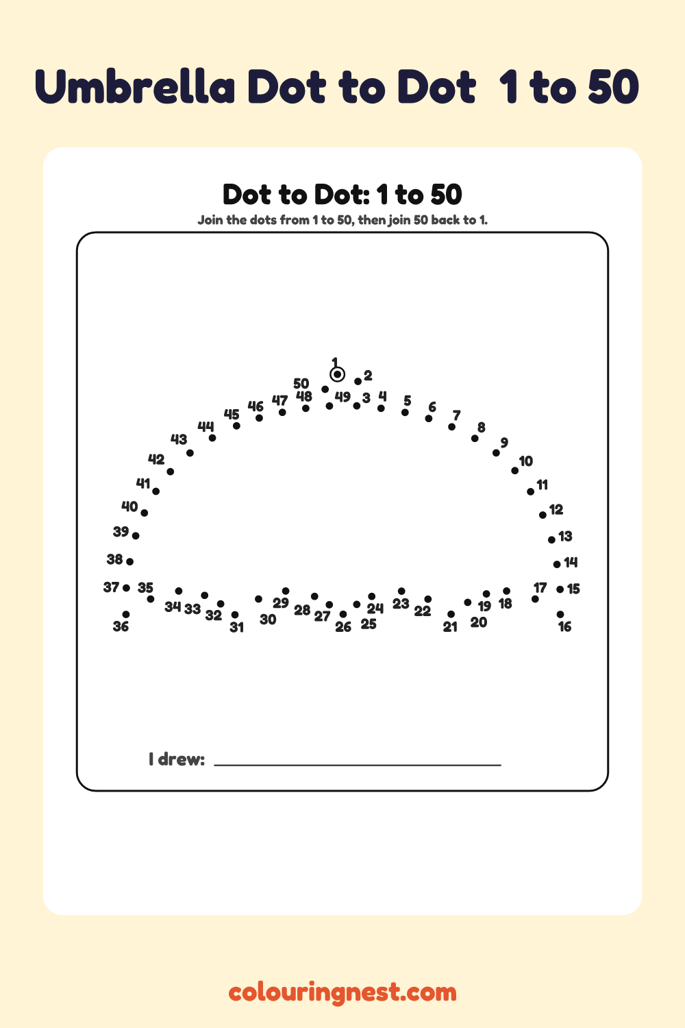 Umbrella Dot to Dot (1 to 50): numbered dots that make an umbrella when joined