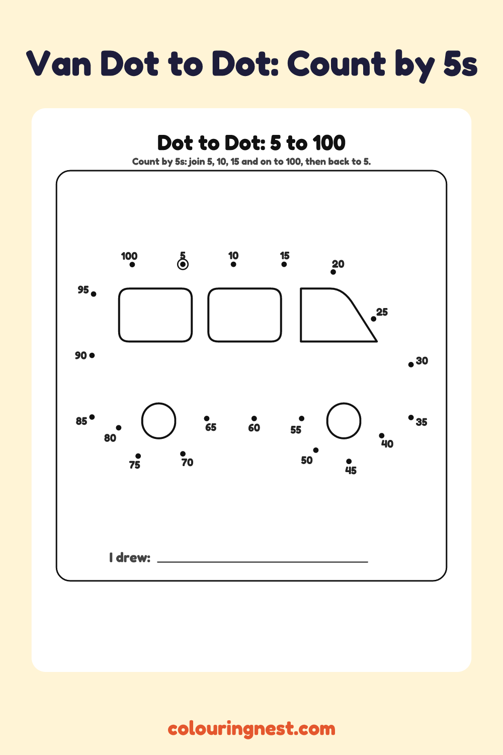 Van Dot to Dot: Count by 5s: numbered dots that make a van when joined