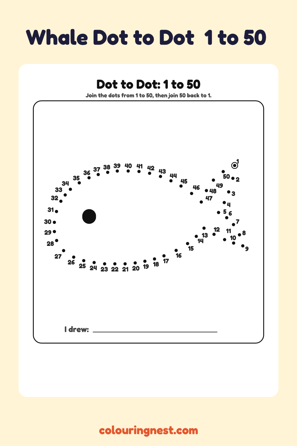 Whale Dot to Dot (1 to 50): numbered dots that make a whale when joined