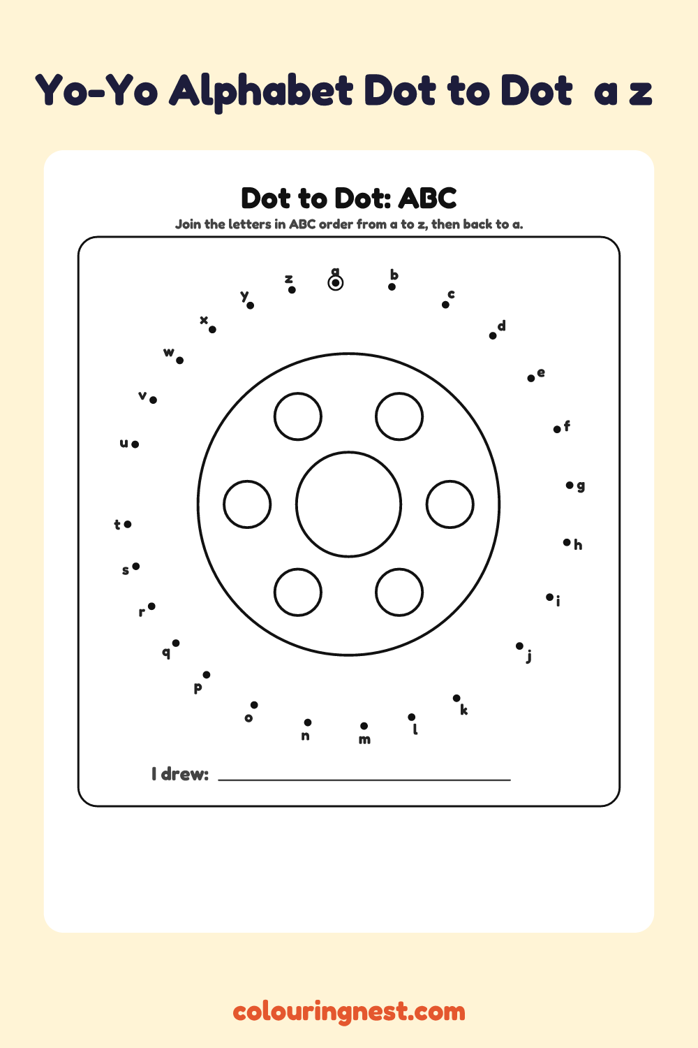 Yo-Yo Alphabet Dot to Dot (a–z): numbered dots that make a yo-yo when joined