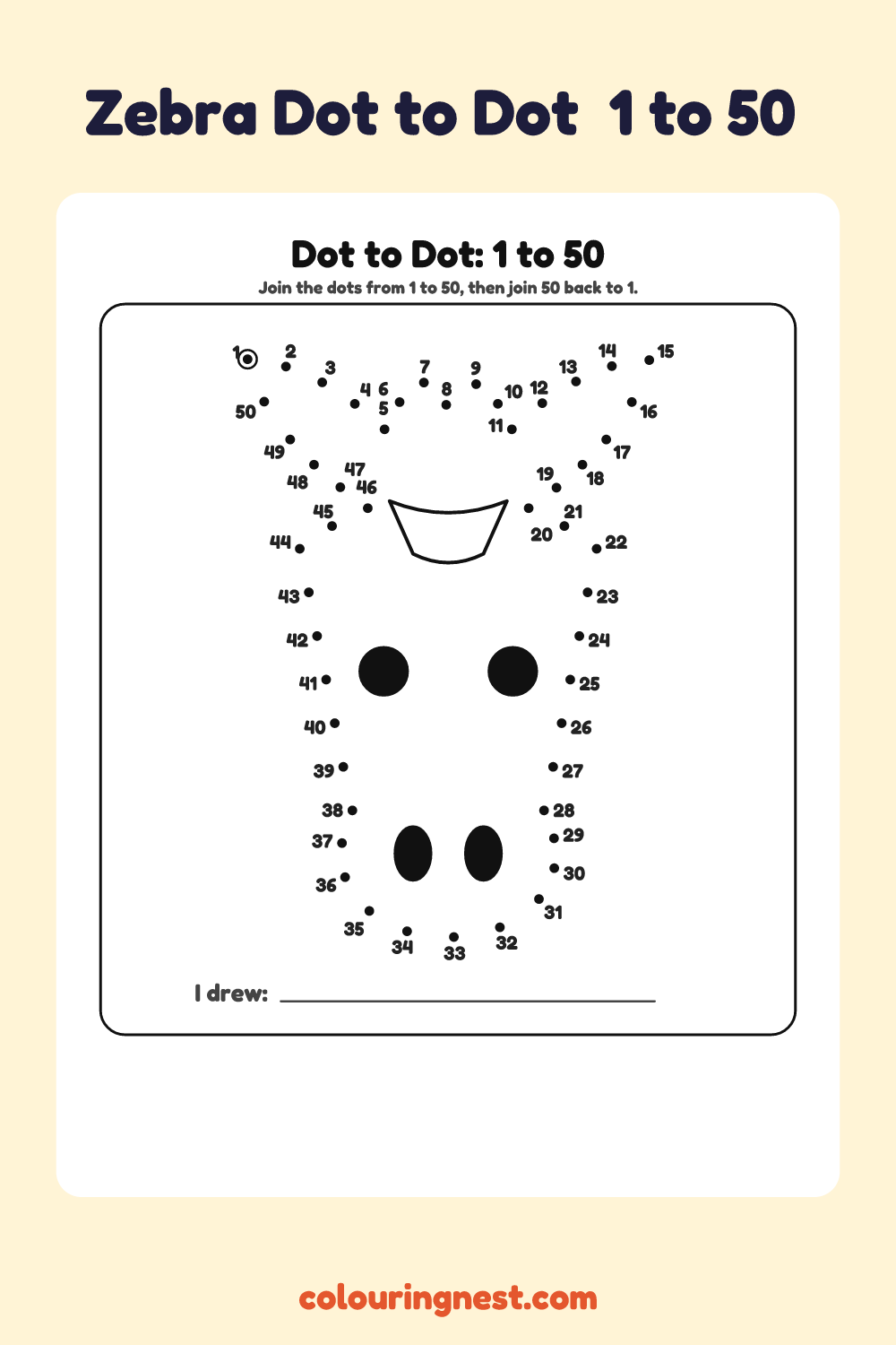 Zebra Dot to Dot (1 to 50): numbered dots that make a zebra when joined