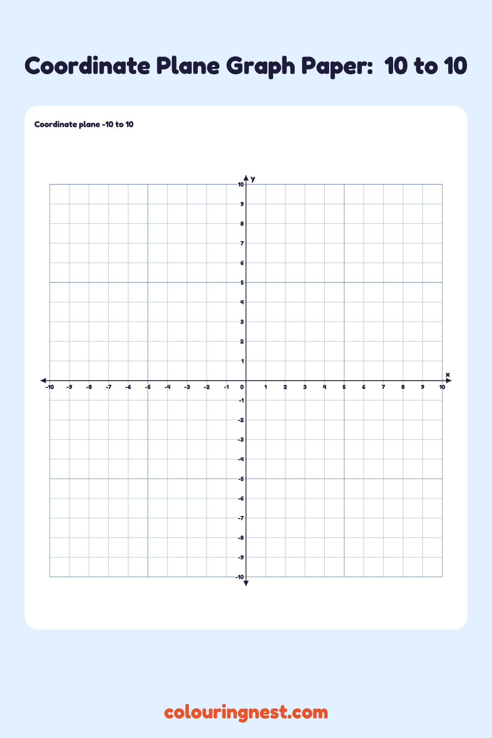 Coordinate Plane Graph Paper: −10 to 10: printable coordinate grid with numbered x and y axes