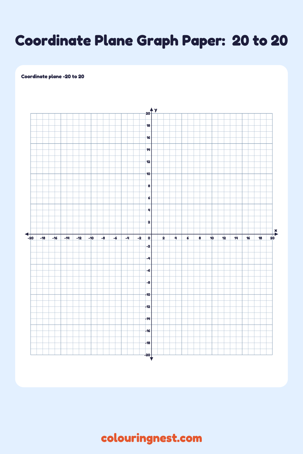 Coordinate Plane Graph Paper: −20 to 20: printable coordinate grid with numbered x and y axes