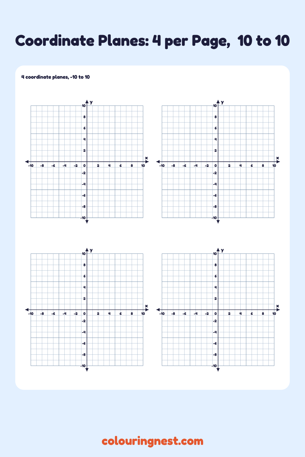 Coordinate Planes: 4 per Page, −10 to 10: printable coordinate grid with numbered x and y axes