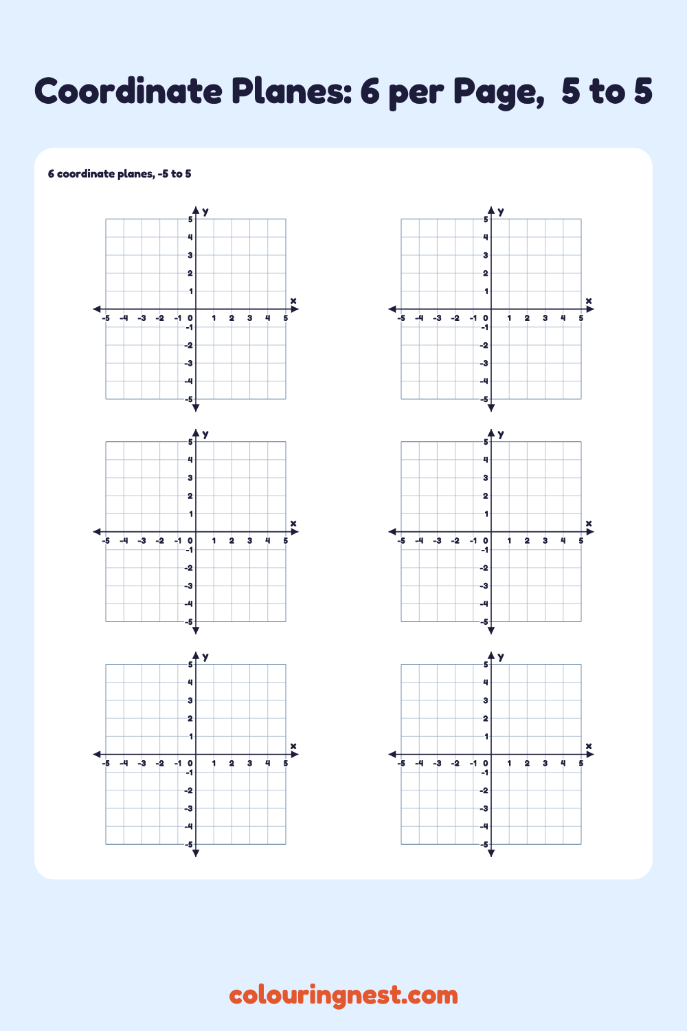 Coordinate Planes: 6 per Page, −5 to 5: printable coordinate grid with numbered x and y axes