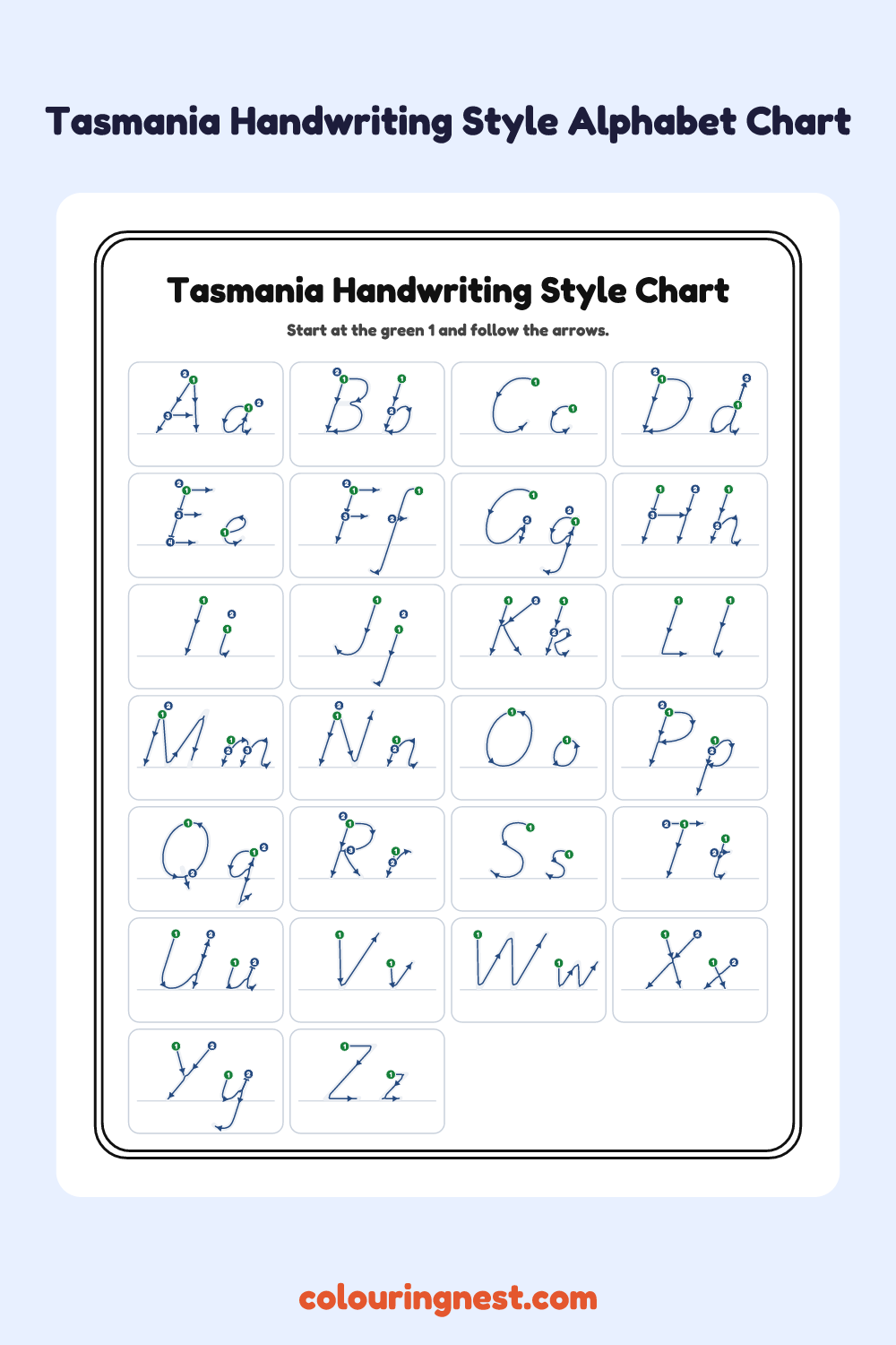 Tasmania Handwriting Style Chart worksheet: free printable black-and-white line art