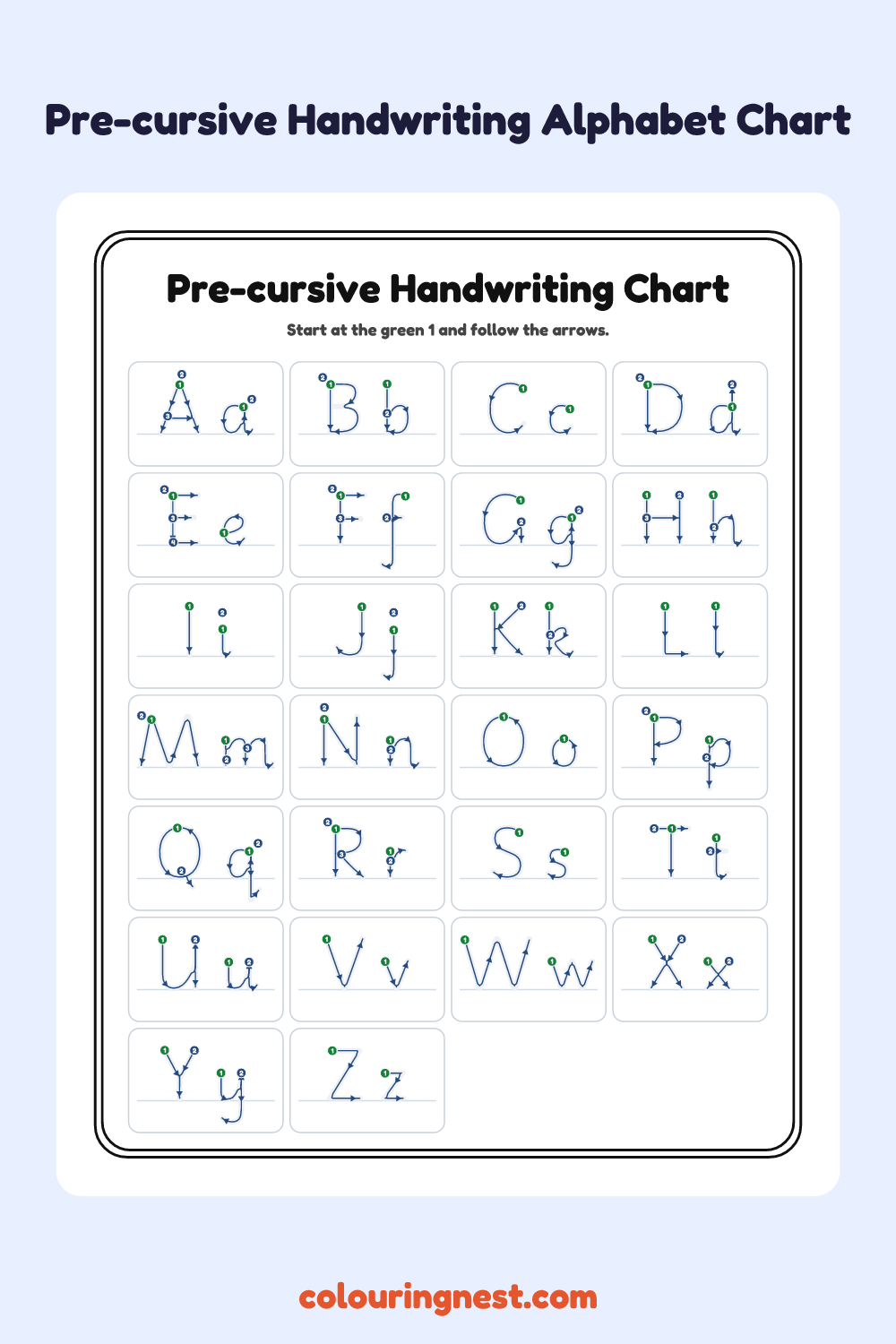 Pre-cursive Handwriting Chart worksheet: free printable black-and-white line art