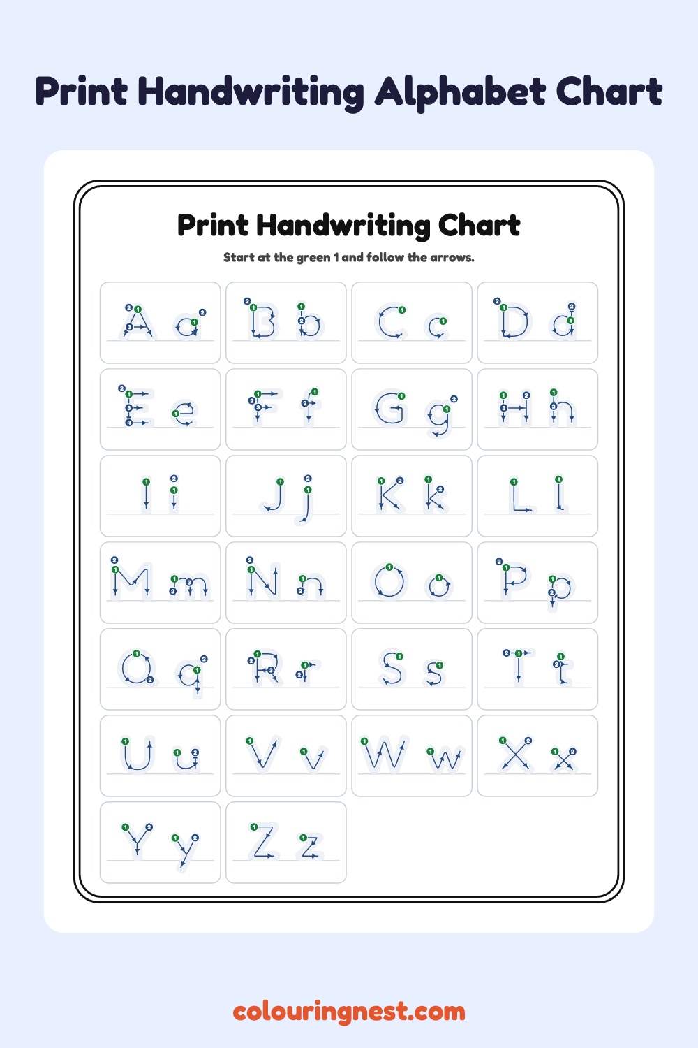 Print Handwriting Chart worksheet: free printable black-and-white line art