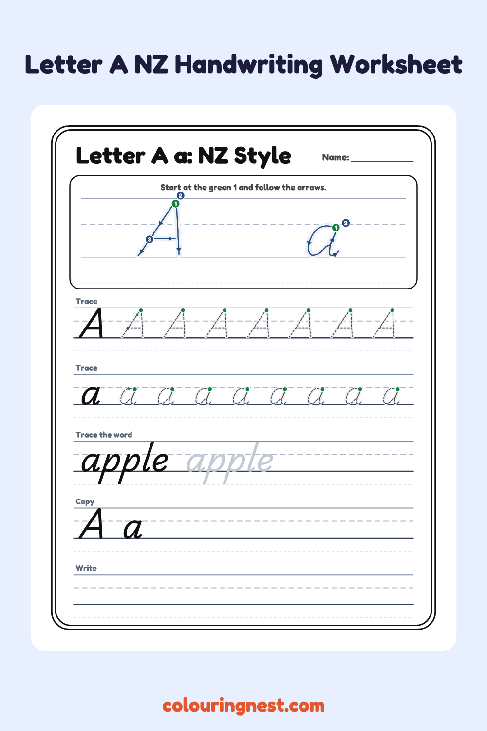 Letter A in NZ Handwriting Style worksheet: free printable black-and-white line art