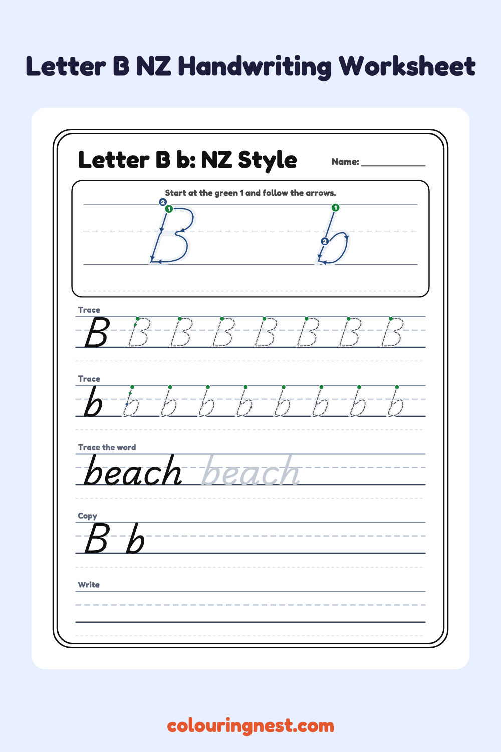 Letter B in NZ Handwriting Style worksheet: free printable black-and-white line art