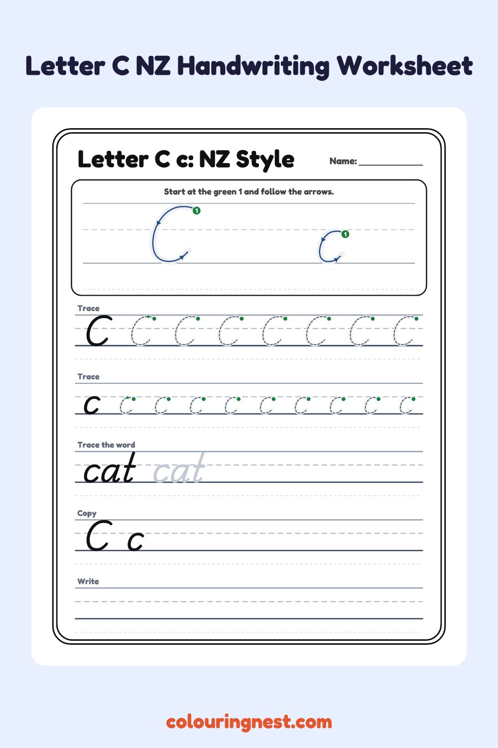 Letter C in NZ Handwriting Style worksheet: free printable black-and-white line art