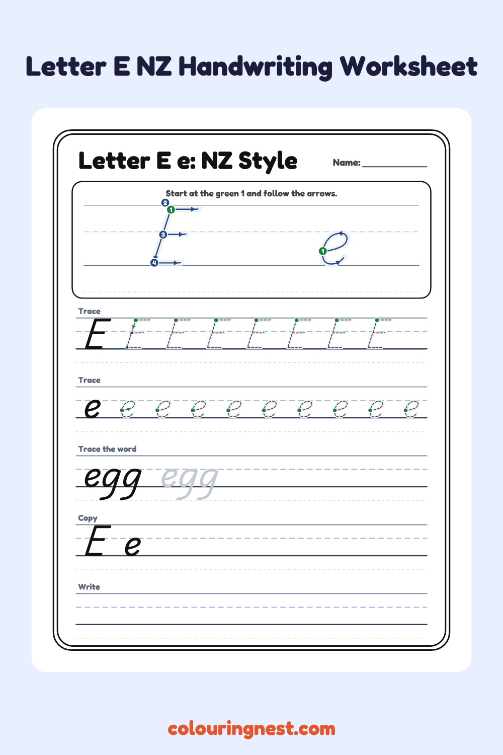 Letter E in NZ Handwriting Style worksheet: free printable black-and-white line art
