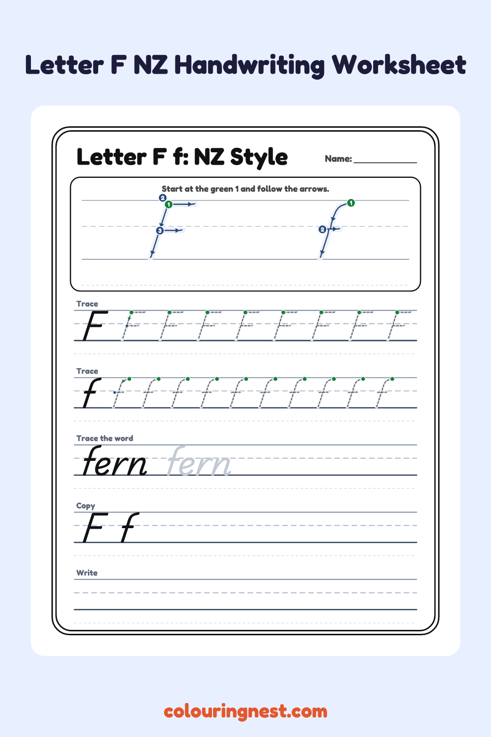 Letter F in NZ Handwriting Style worksheet: free printable black-and-white line art