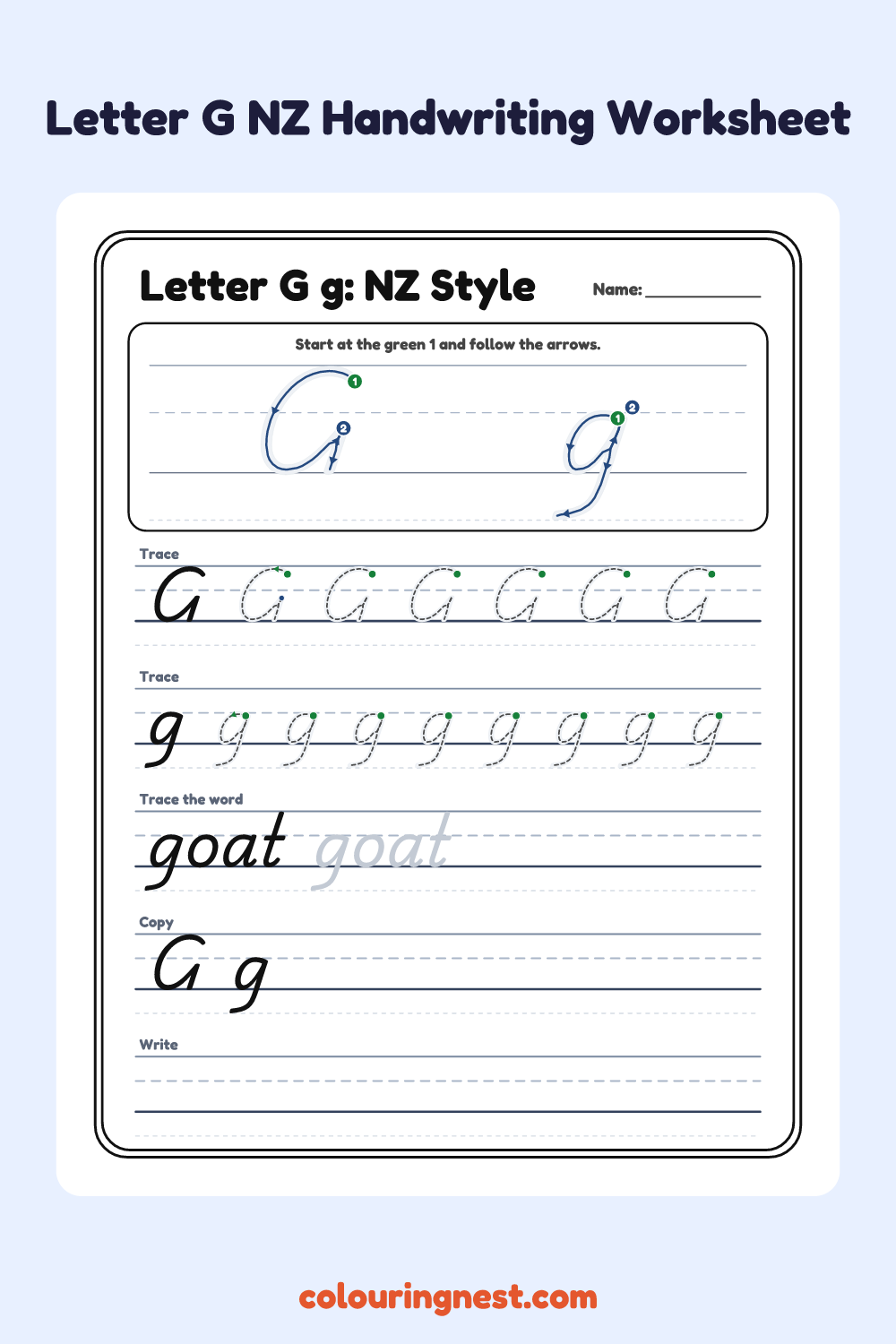 Letter G in NZ Handwriting Style worksheet: free printable black-and-white line art