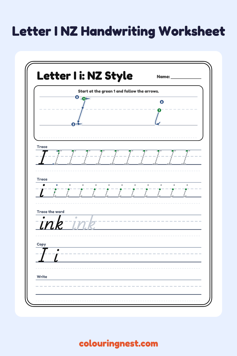 Letter I in NZ Handwriting Style worksheet: free printable black-and-white line art
