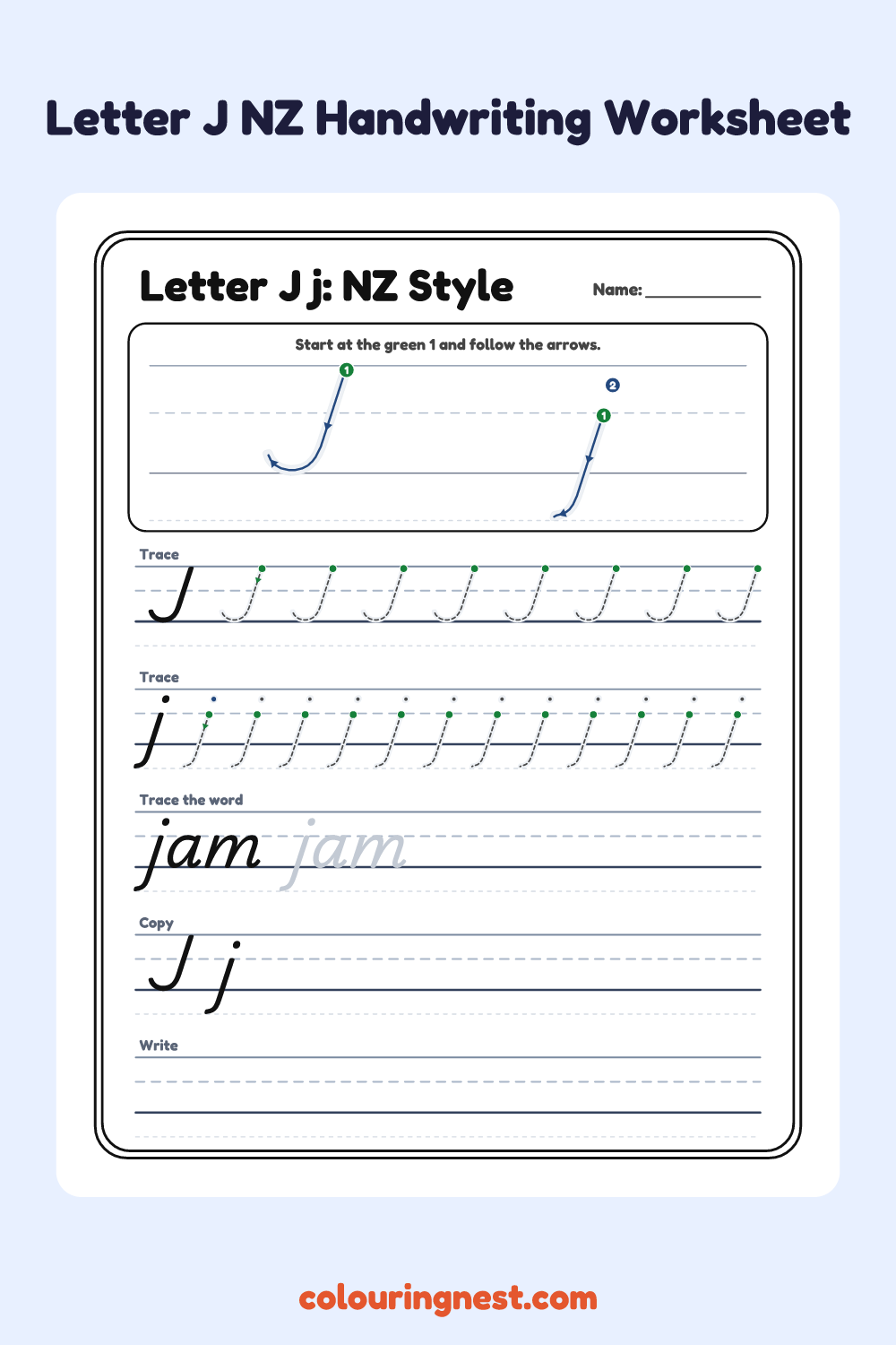 Letter J in NZ Handwriting Style worksheet: free printable black-and-white line art