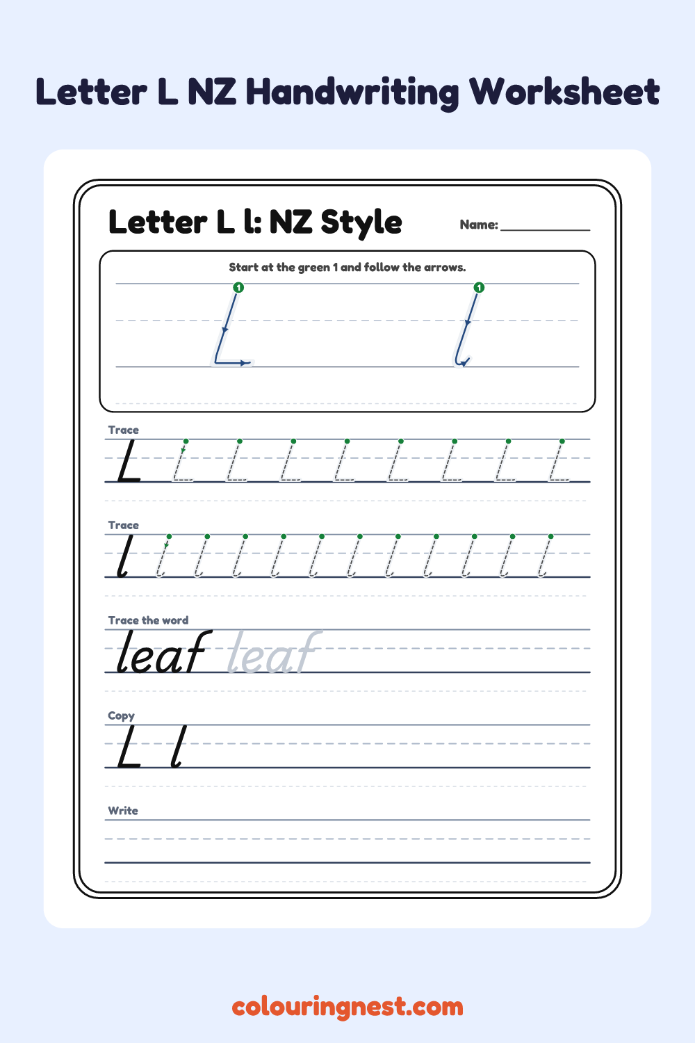 Letter L in NZ Handwriting Style worksheet: free printable black-and-white line art