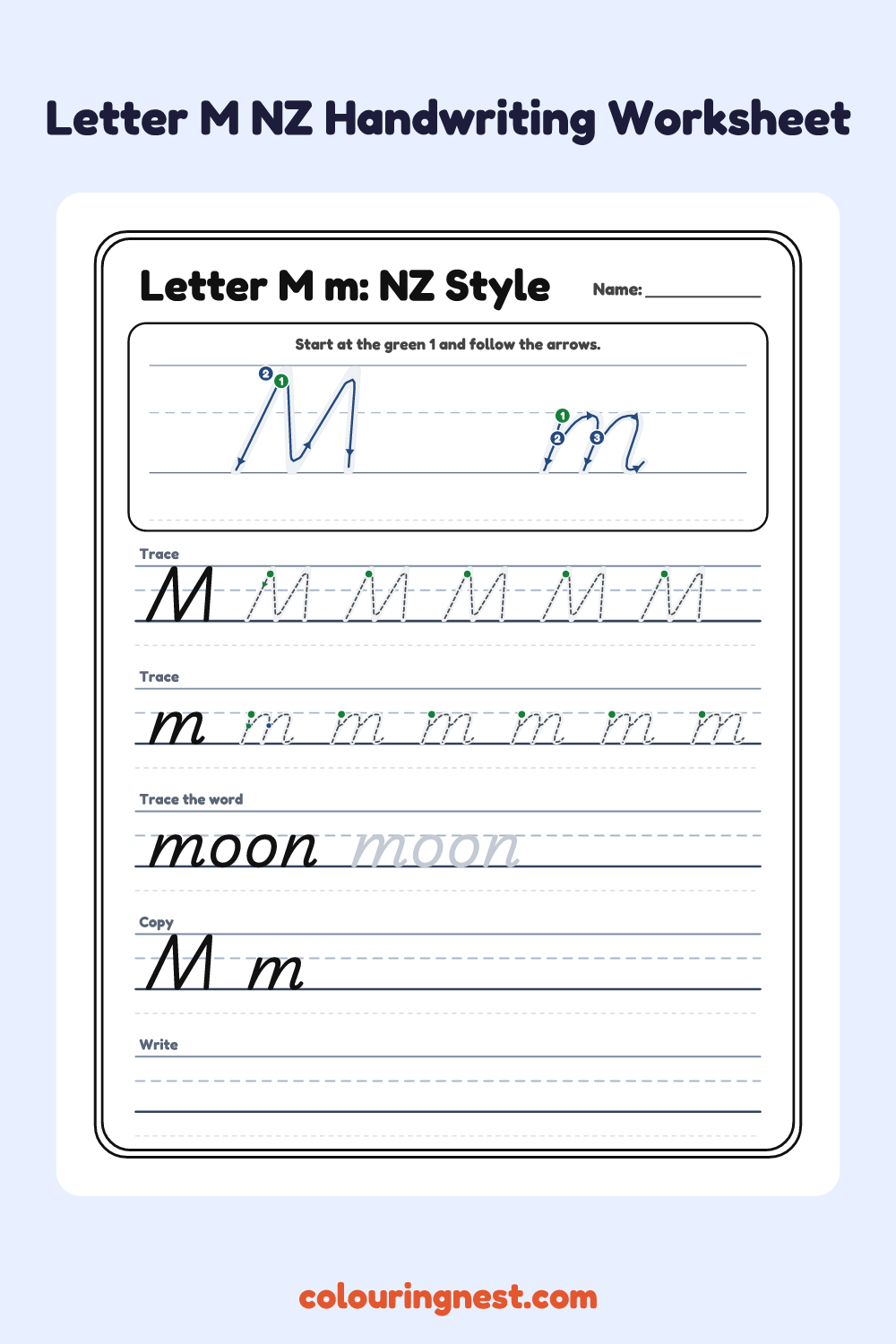 Letter M in NZ Handwriting Style worksheet: free printable black-and-white line art