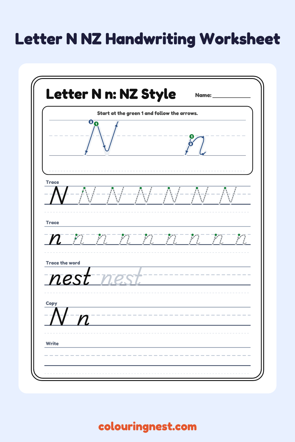 Letter N in NZ Handwriting Style worksheet: free printable black-and-white line art