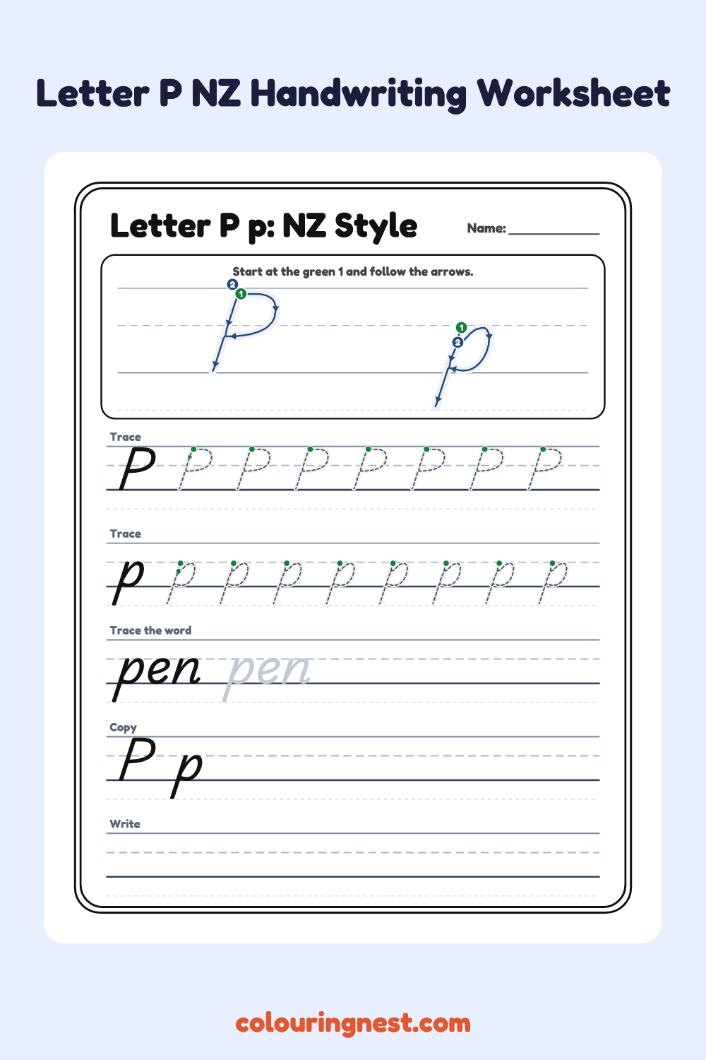 Letter P in NZ Handwriting Style worksheet: free printable black-and-white line art