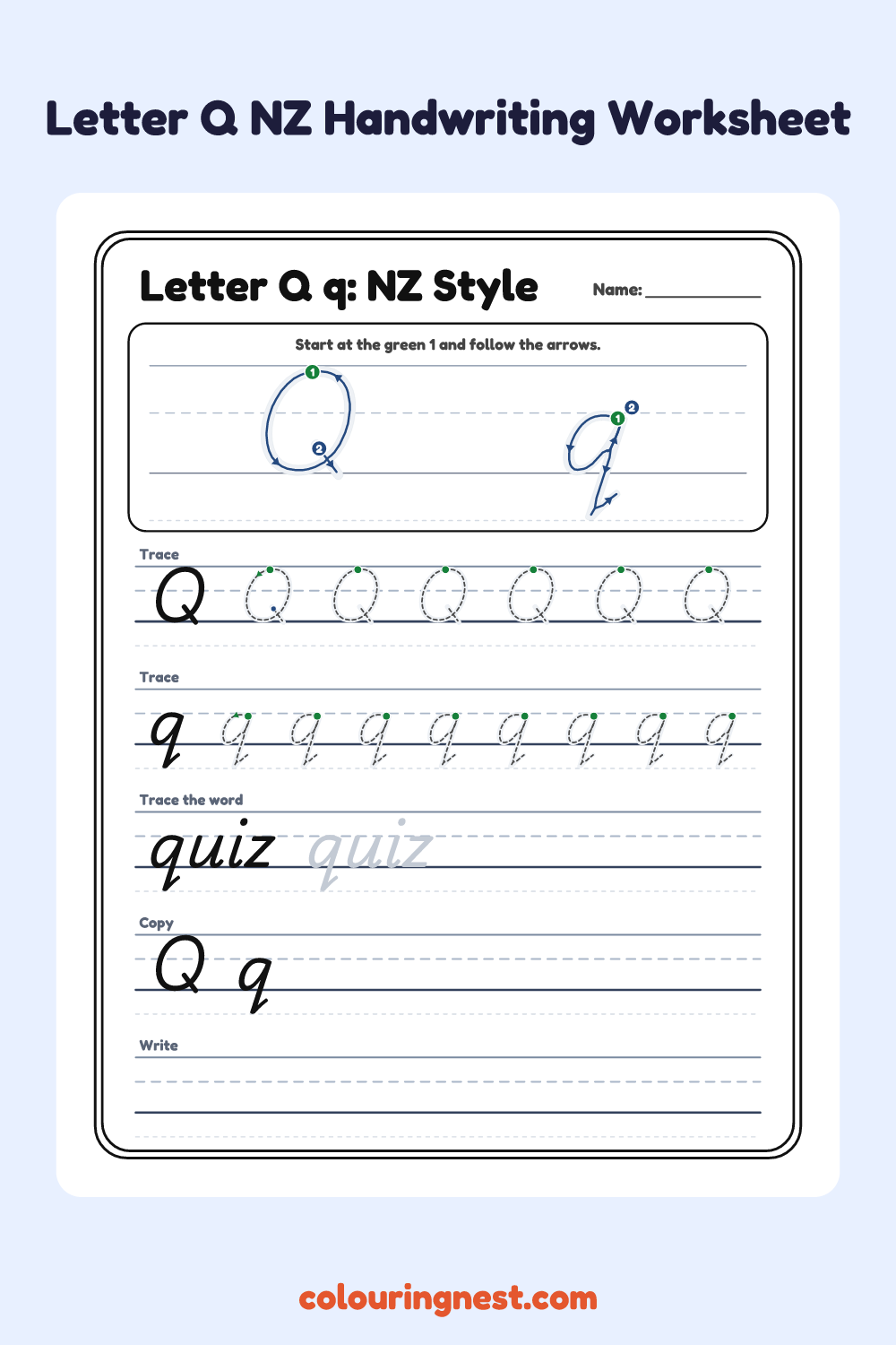 Letter Q in NZ Handwriting Style worksheet: free printable black-and-white line art